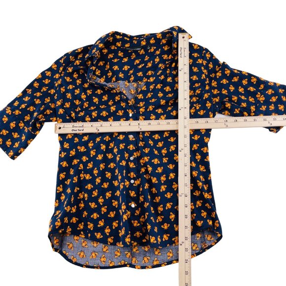 7th Avenue NY & Company Button Down Blouse Blue Yellow Bee Print Career sz Small - Picture 4 of 5